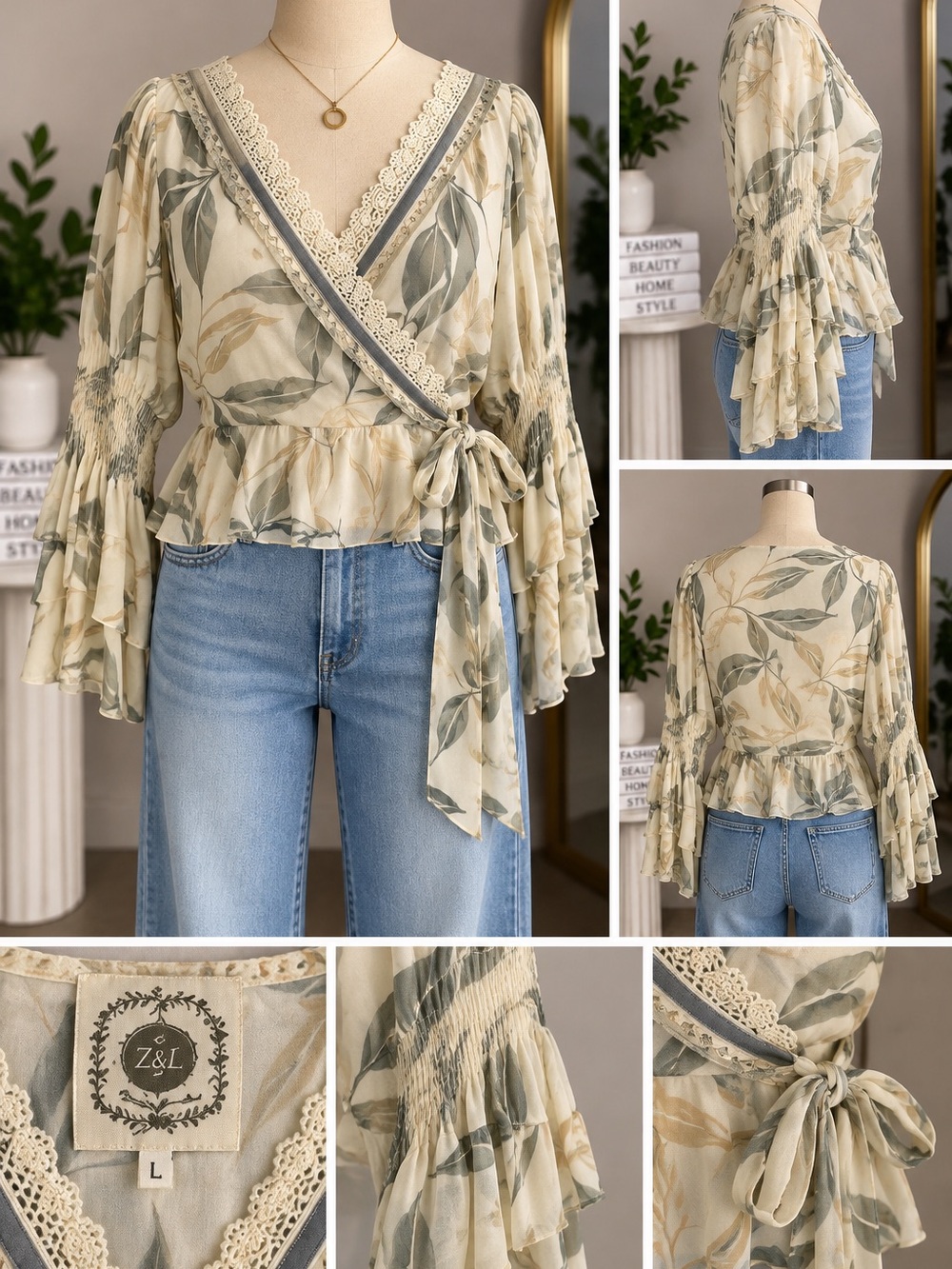 Z&L Cream Floral Wrap Blouse with Ruffled Bell Sleeves